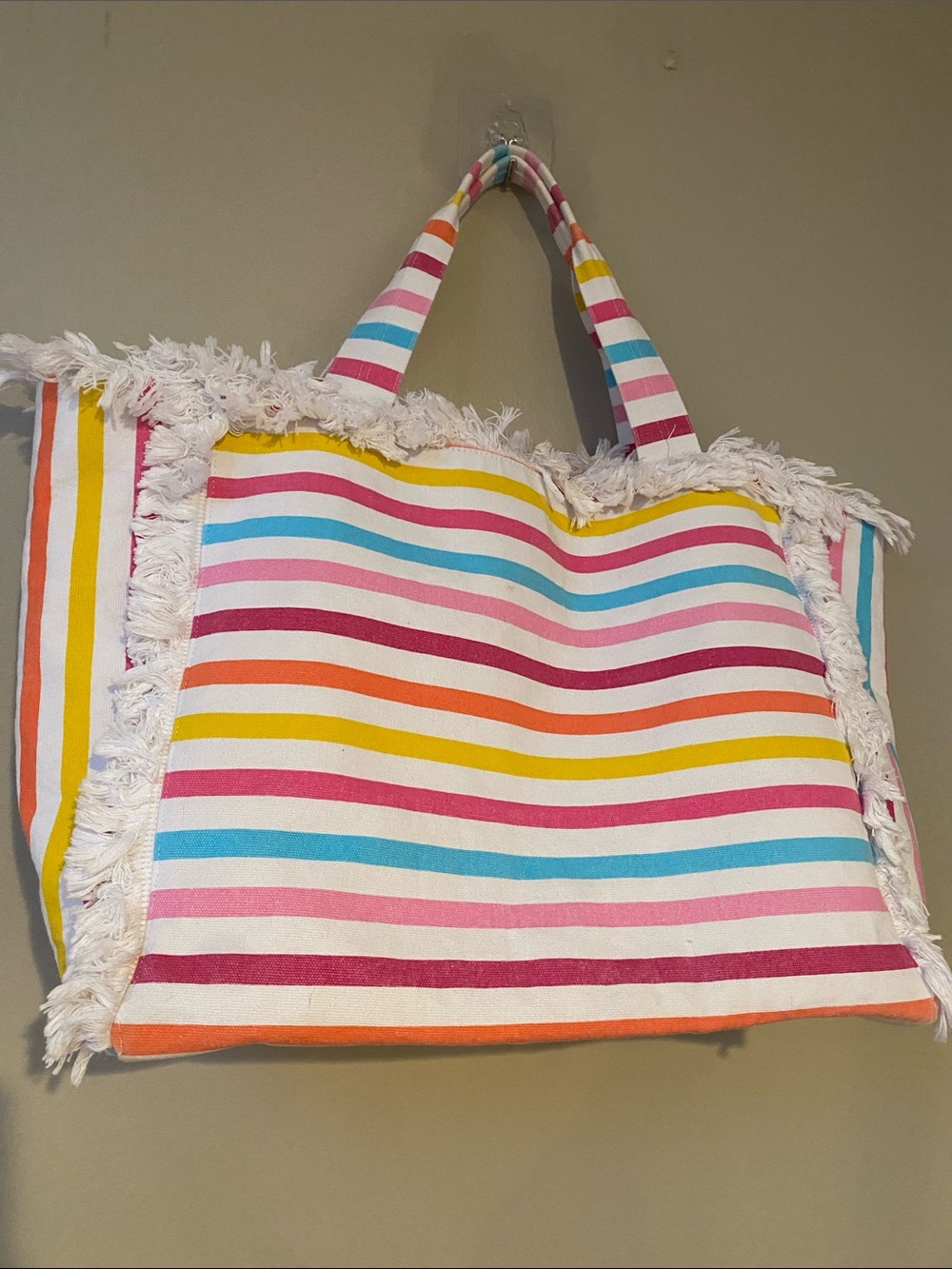 Hat Attack Rainbow Striped Multicolor Cotton Fringe Tote Bag - Women